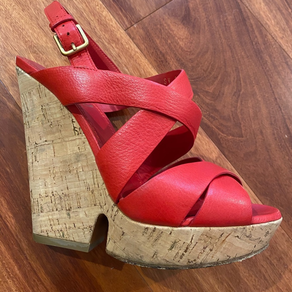 Yves Saint Laurent red leather platform wedges